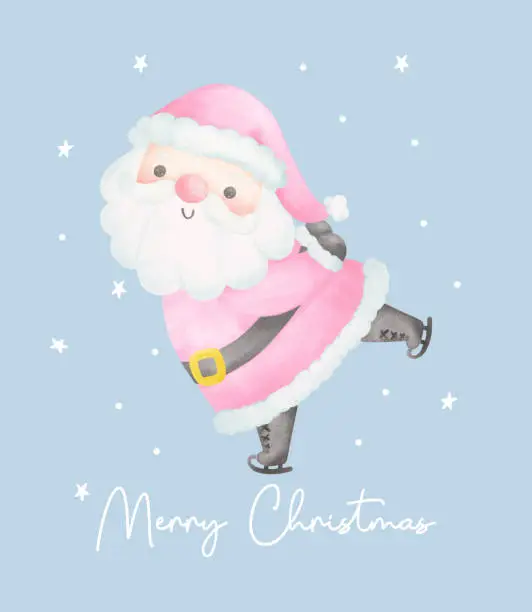 Vector illustration of Cute Pink Christmas Santa Claus Skating watercolor with Adorable Smile Greeting card Cartoon character Hand Painting