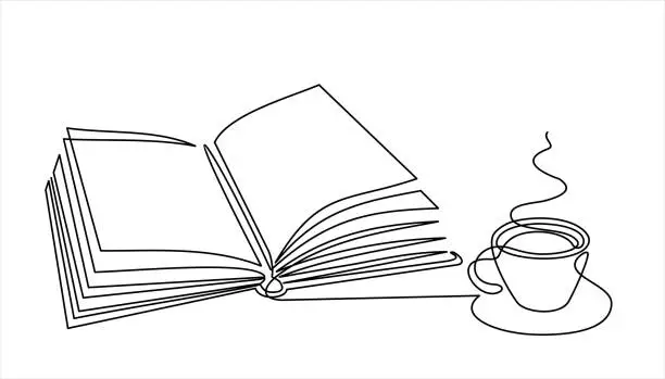 Vector illustration of Continuous line drawing of book and coffee, vector illustration, one line