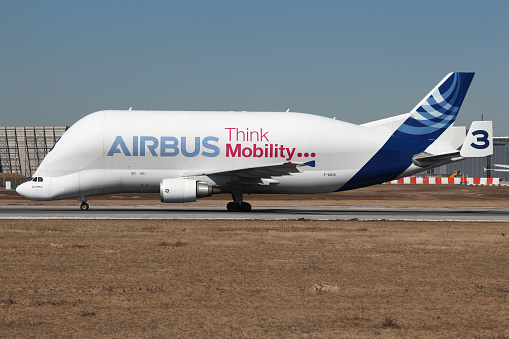 Hamburg, Germany - April 2, 2013: Airbus A300-600ST Beluga with registration F-GSTC at Hamburg Finkenwerder Airport (Airbus plant).