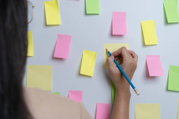 istock Creative woman writing on blank sticky notes on the wall 1762993941