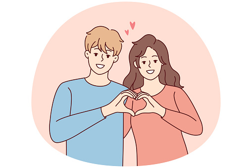 Smiling couple hug show heart hand gesture. Happy man and woman demonstrate love sign share affection and care. Relationships concept. Vector illustration.