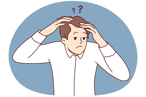 Frustrated young man anxious about receding hair. Worried male confused with hair loss or baldness. Skin problems and beauty. Vector illustration.