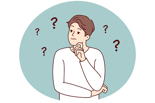Frustrated young man thinking of problem solution having dilemma. Confused male make decision or plan, consider ideas or solution. Vector illustration.