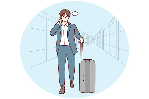 Young businessman with suitcase walking in airport talking on cellphone. Confident male boss in suit have smartphone call ready for business trip. Vector illustration.