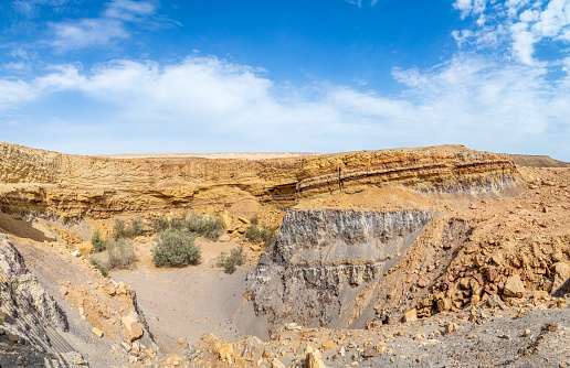 Old quarries in Makhtesh Ramon, erosion crater landscape panorama, Negev desert, Israel