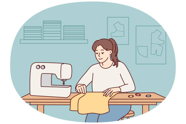 ilustrações de stock, clip art, desenhos animados e ícones de female seamstress sewing on machine - needle craft sewing making