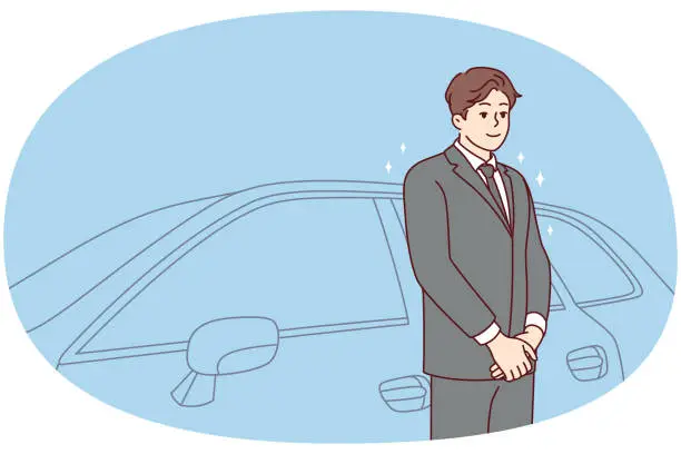 Vector illustration of Car driver in suit standing near car