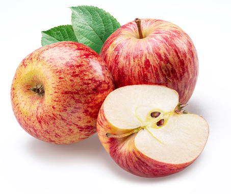 Ripe honeycrisp apples and apple slice isolated on white background.