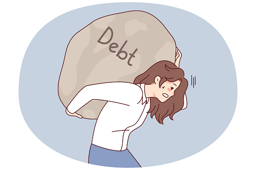 Tired woman carrying huge stone on back suffer from debt or bankruptcy. Exhausted businesswoman hold big boulder on shoulders struggle with financial problems. Vector illustration.