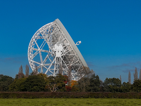 An aerial photograph of Jodrell Bank, Cheshire, England. The photograph was produced on a bright autumn afternoon with clear blue skies. The photograph shows a large radio telescope rising above autumnal trees.