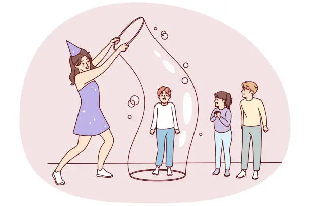 Vector illustration of Happy entertainer playing with bubble with kids