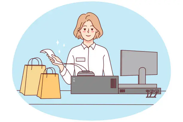 Vector illustration of Smiling female cashier at register