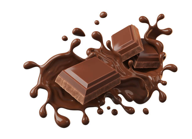 istock chocolate pieces falling on chocolate sauce with clipping path 3d illustration. 1763033076