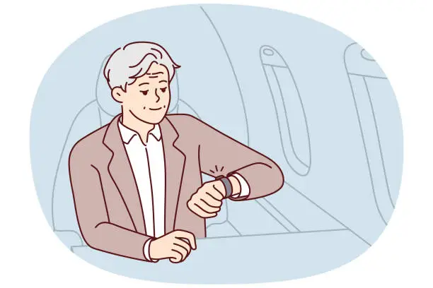 Vector illustration of Mature rich man look at clock sitting in plane