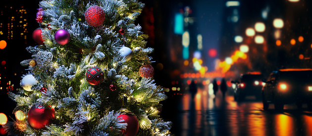 Christmas tree decorated with traditional Christmas decorations, illuminated by Christmas lights that flash with a play of shadows and lights wishing you a Merry Christmas. The snow-covered pine branches with Christmas balls. In the background the lights of the city.