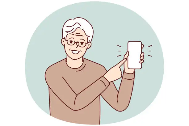 Vector illustration of Smiling elderly man point at cell screen