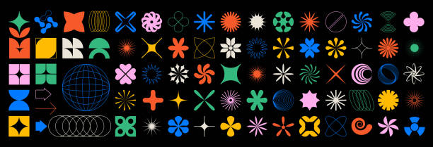 Brutalist abstract shapes set. Brutalism geometric colorful forms circle, floral, symbol, star, bauhaus, and other minimalist primitive elements. Vector contemporary shapes and icon silhouettes set