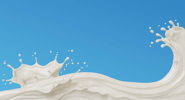 istock Pouring milk cream with splash on blue background, 3d illustration. 1763040661