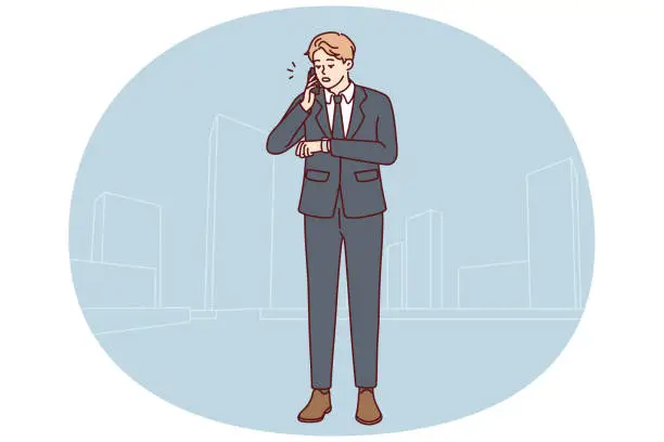 Vector illustration of Businessman talk on cellphone check time on clock