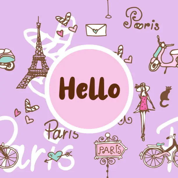 Vector illustration of Hello Paris theme. Greeting card template design with hand drawn illustration.