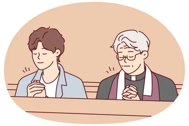 Vector illustration of Man and priest pray in church