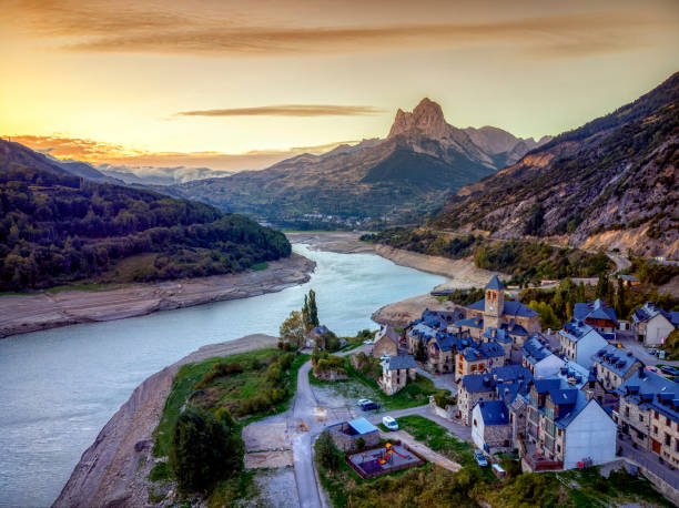 Aerial view of Lanuza in Huesca at dawn. stock photo