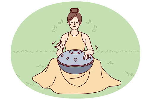 Young woman sit on grass outdoors play on traditional musical instrument meditating. Female yogi use harmony handpan or drum for meditation. Spiritual. Vector illustration.