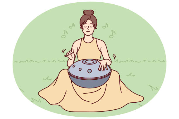 Woman use drum meditating Young woman sit on grass outdoors play on traditional musical instrument meditating. Female yogi use harmony handpan or drum for meditation. Spiritual. Vector illustration. steel drum stock illustrations