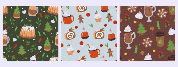 Vector illustration of Set of seamless patterns with Christmas food and drinks. Vector graphics.
