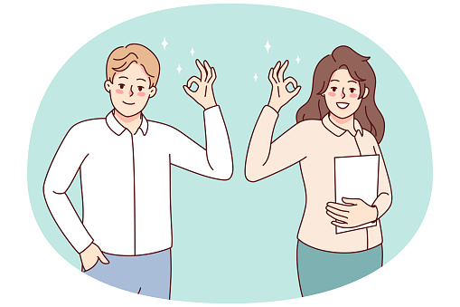 Smiling people showing ok sign with hands. Happy man and woman demonstrate approval gesture, say all right. Vector illustration.