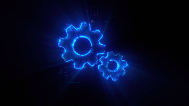 istock Digital gears icon hologram on black background. Productivity evolution. Futuristic gears icon in world of technological progress and innovation. CGI 3D render 1763096497