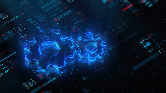 Digital gears icon hologram on future tech background. Productivity evolution. Futuristic gears icon in world of technological progress and innovation. CGI 3D render