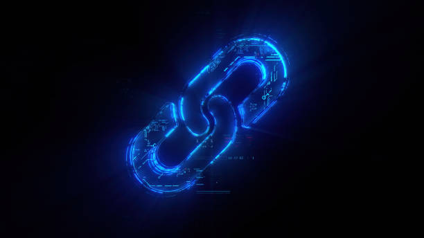 istock Digital chain link hologram on black background. Productivity evolution. Futuristic chain icon in world of technological progress and innovation. CGI 3D render 1763097145