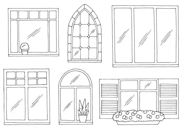 Vector illustration of Windows set graphic black white isolated sketch illustration vector