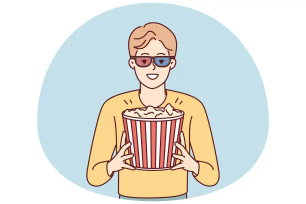 Vector illustration of Happy man with popcorn in cinema