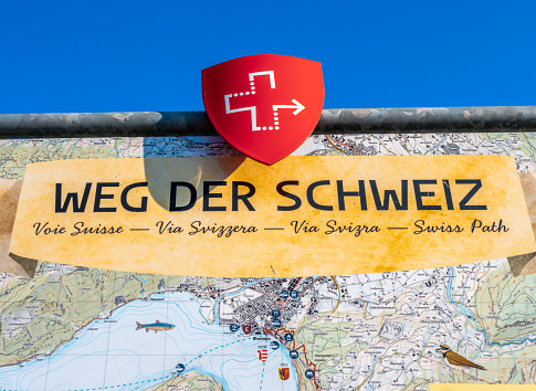 Seelisberg, Switzerland - September 6, 2023: Weg der Schweiz - Swiss path - is a patriotic hiking trail, a 35 kilometer long panoramic path around the southernmost arm of Lake Lucerne, Lake Uri.