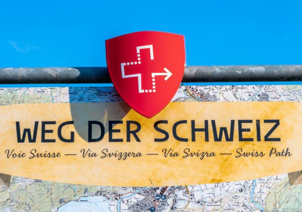 Seelisberg, Switzerland - September 6, 2023: Weg der Schweiz - Swiss path - is a patriotic hiking trail, a 35 kilometer long panoramic path around the southernmost arm of Lake Lucerne, Lake Uri.