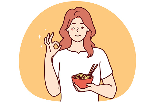 Smiling young woman eating Asian food show all right hand gesture. Happy girl enjoy noodles recommend restaurant. Recommendation. Vector illustration.