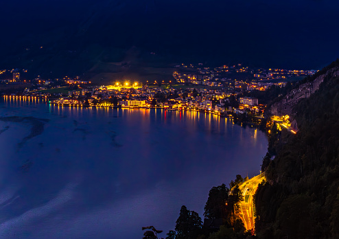The Swiss town of Brunnen SZ at Lake Lucerne in blue hour