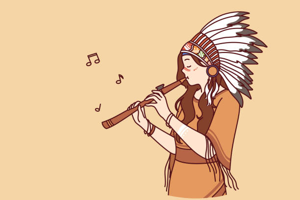 kobieta injun grająca na flecie, ubrana w strój etniczny i nakrycie głowy z piórami - injun stock illustrations