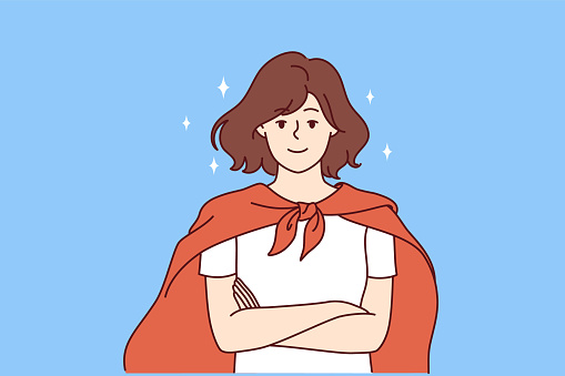 Woman in superhero cape stands with arms crossed and confidently looks at screen, feeling strength to complete complex tasks. Superhero girl smiles, proud of own merits and professional skills.