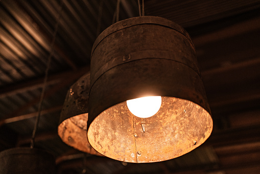 View of vintage ceiling light. Lighting decoration concept. Modern hanging ceiling lamps