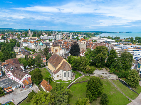 Aerial view of the town of Arbon in the canton of Thurgau in Switzerland. The town is located on Lake Constance and is best known from a tourist perspective for its old town and lake promenade.
