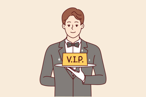 남자 레스토랑 웨이터는 쟁반에 vip 사인을 들고 개인화 된 서비스로 테이블을 예약 할 것을 제안합니다. - butler waiter tuxedo personal valet stock illustrations