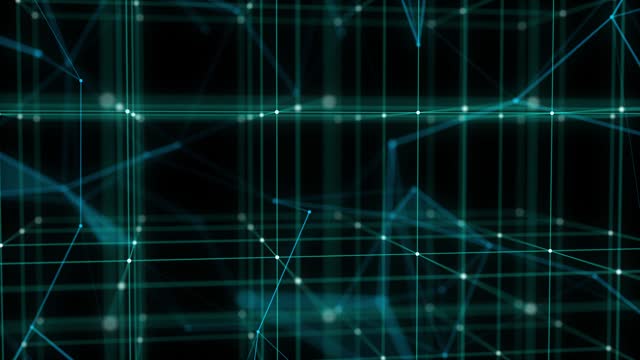 Abstract green sci-fi cube with particle and line with digital indicators. Technology network connection on world. Global digital connections ai. Wireframe cube. Blockchain encryption. 3D rendering.