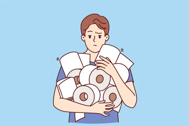 Vector illustration of Man holds pile toilet paper in hands, having experienced panic due to announcement of storm warning