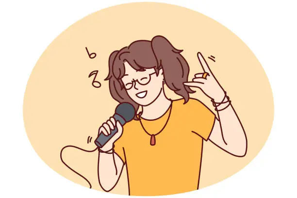 Vector illustration of Happy girl sing in microphone