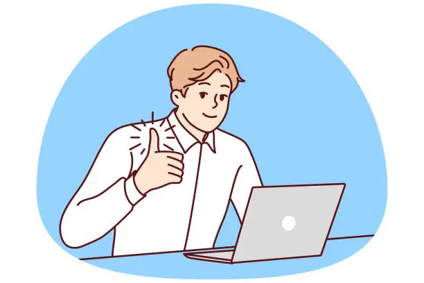 Vector illustration of Smiling businessman work on laptop show thumb up
