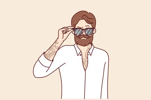 Vector illustration of Hipster man with trendy beard and mustache puts on sunglasses and has tattoo on chest and arms