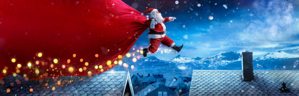 Santa Claus With Red Big Bag Jumping On Roofs